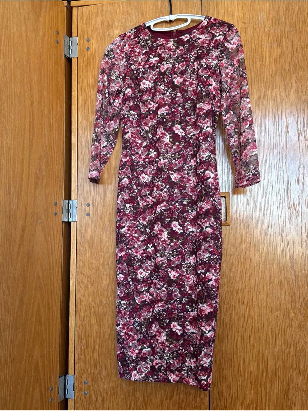 Kensie Burgundy and Pink Floral Long-Sleeve Midi Bodycon Dress